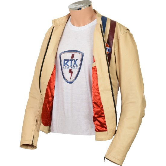 Steve McQueen GULF Heuer Firestone Cream Leather Armoured Biker Jacket