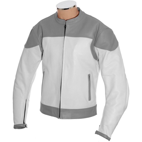 RTX Classic White Grey Leather Biker Jacket 
